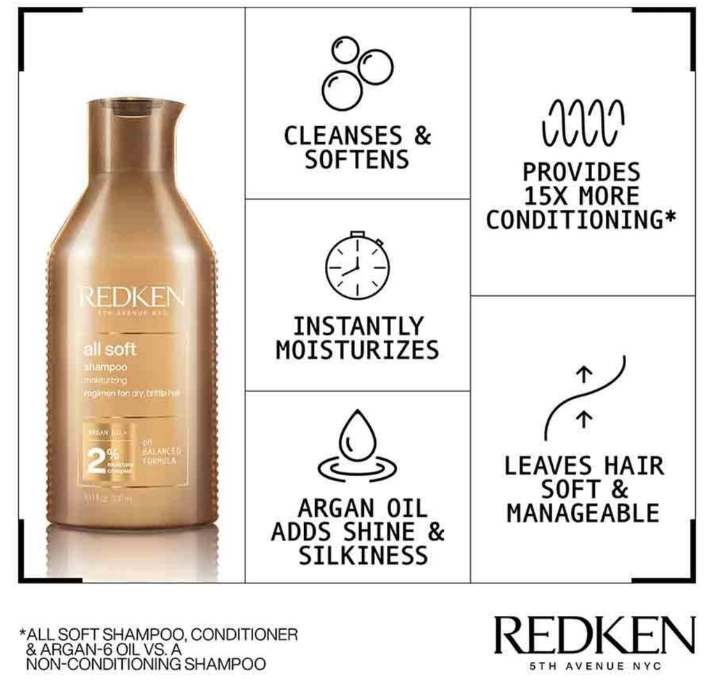 Redken All Soft Shampoo 300ml and Conditioner 300ml Hydrating Bundle to add Softness & Shine for Dry Hair